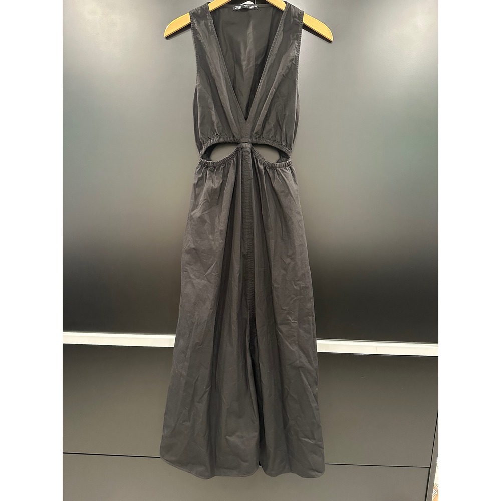 Zara Black Cotton Cut Out V-Neck Midi Dress Sleeveless Medium